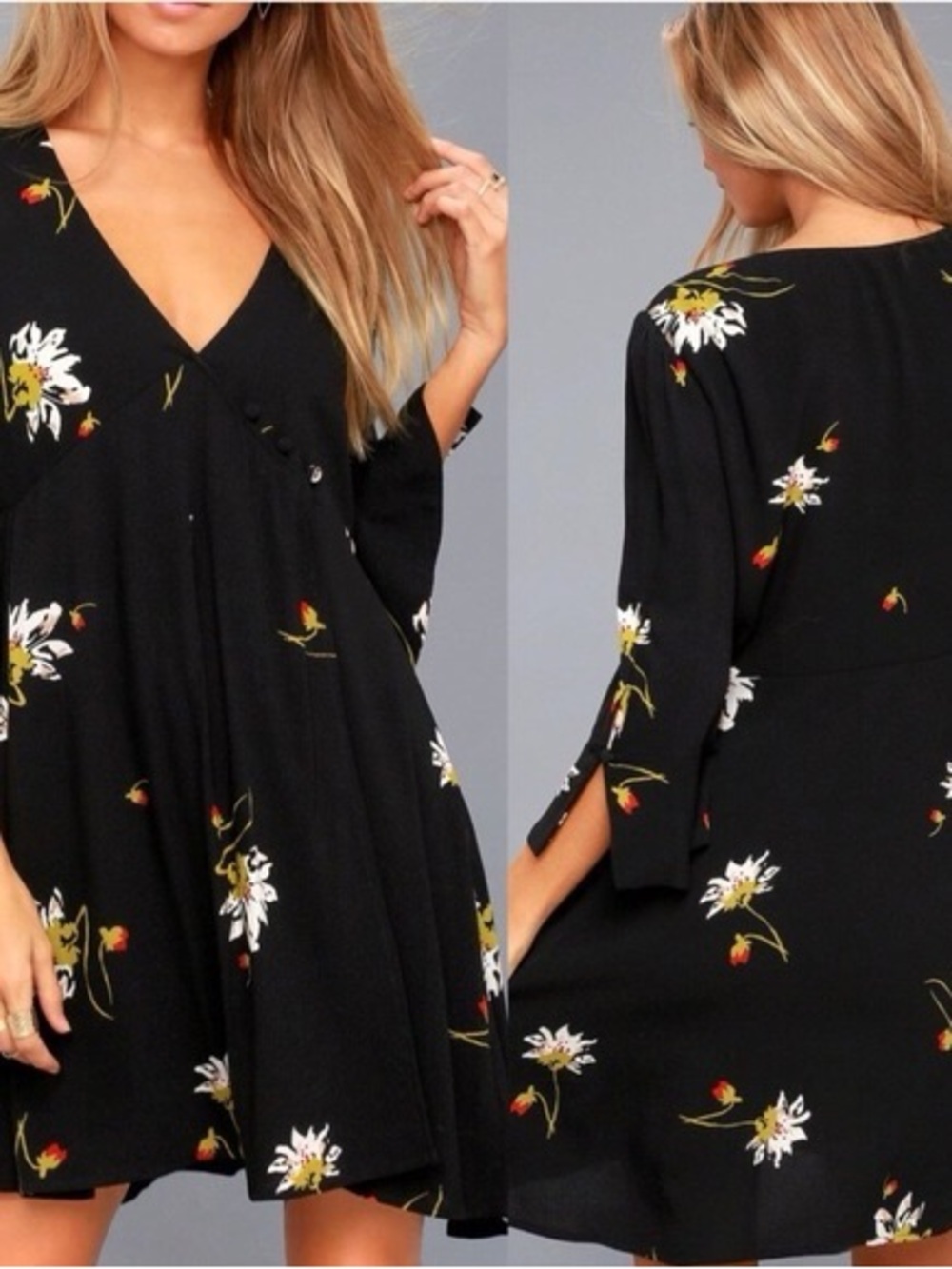Free People Black Floral V-Neck Mini Dress with White & Yellow Flowers 3/4 sl